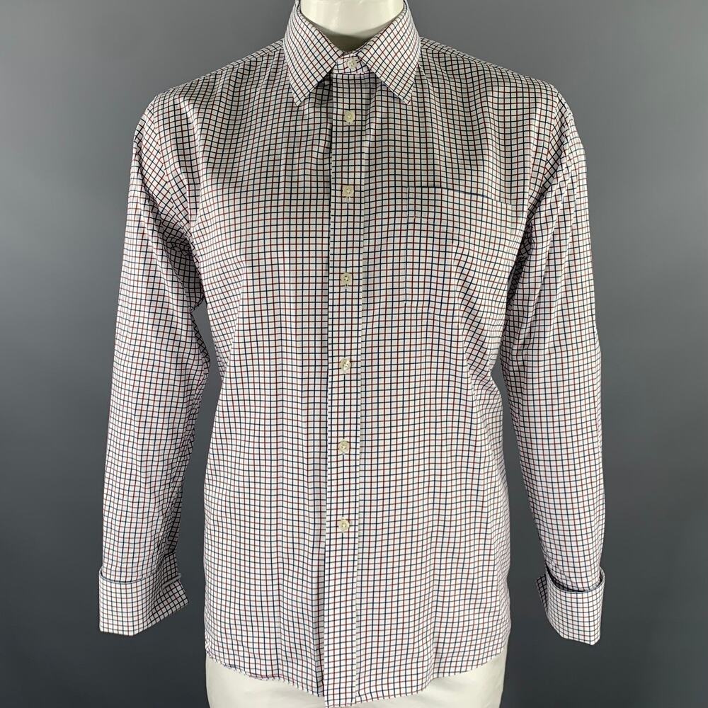 LORDS TAYLOR Size L White Navy Red Check French Cuff Long Sleeve Shirt